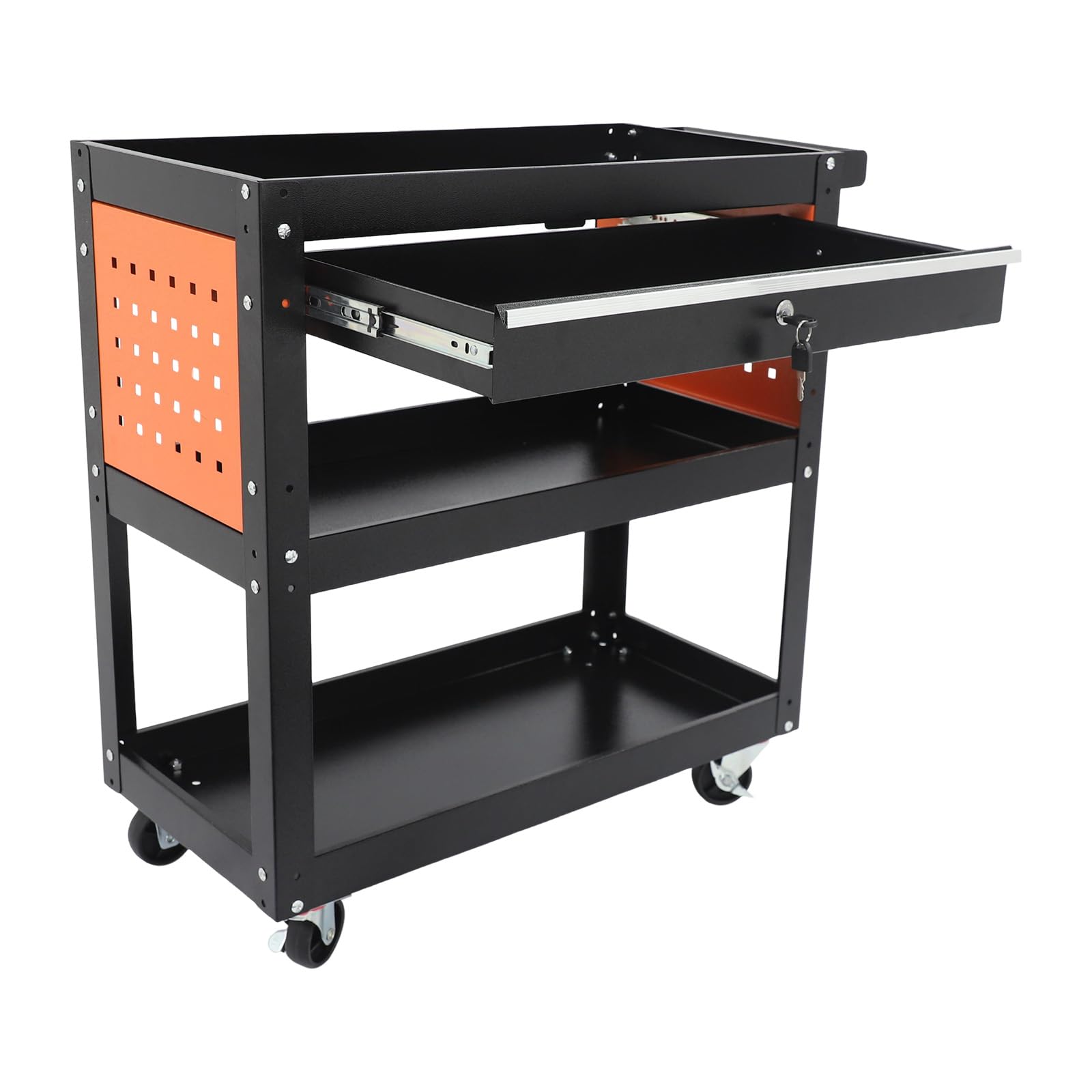 Carro de taller de 3 niveles, carro de servicio de metal, carro con ruedas, taller con cajón con cerradura, carro de montaje, carrito multifuncional de 70 x 35 x 76 cm