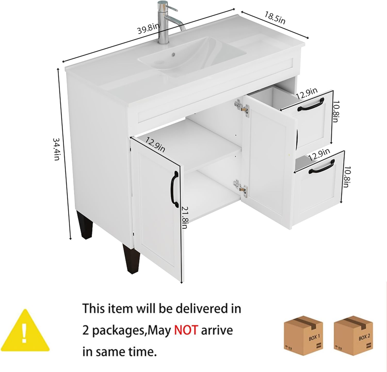 40" Freestanding Bathroom Vanity with Sink, White Shaker Cabinet with Black Hardware, Mid-Century Modern Tapered Legs, 2 Doors & Side Drawer Storage, Integrated Ceramic Top