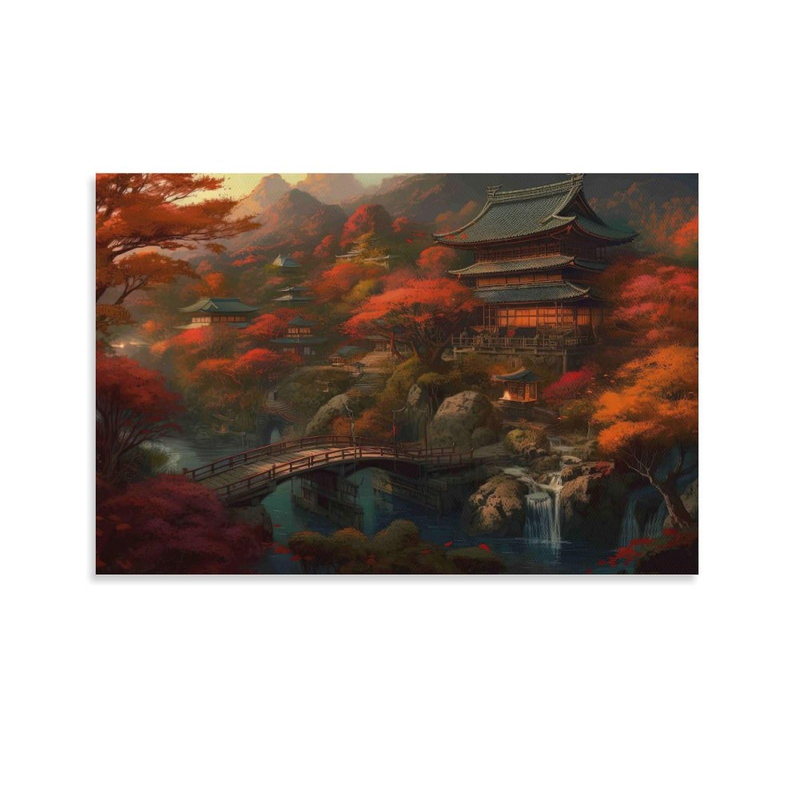 CPLVKWRQJ Autumn Temple Landscape 1 Piece Japanese Temple Autumn Landscape Framed Canvas Print - Living Room Focal Point Fade Resistant Ready to Hang Wall Art 24x36inch(60x90cm)