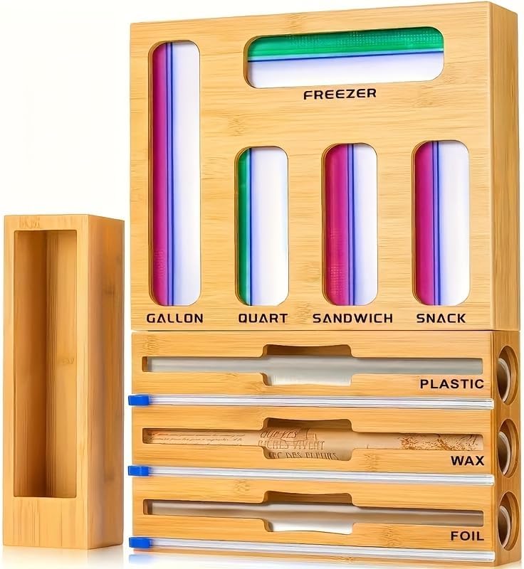 GUOBINEX 9 IN 1 Bamboo Foil and Plastic Wrap Organizer for Kitchen Drawer, Plastic Organization and Storage, Food Storage Bag Organizer with Labels for Quart Gallon Snack Sandwich Bag