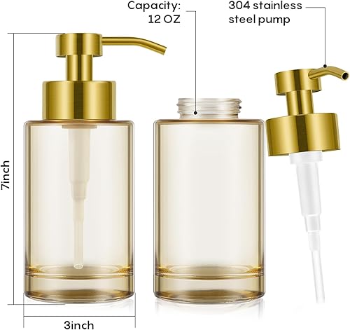Miniatura 2 de Dispensador de jabón de vidrio con bomba de acero inoxidable, paquete de 2, dispensador de jabón líquido de manos de vidrio grueso de 12 onzas para