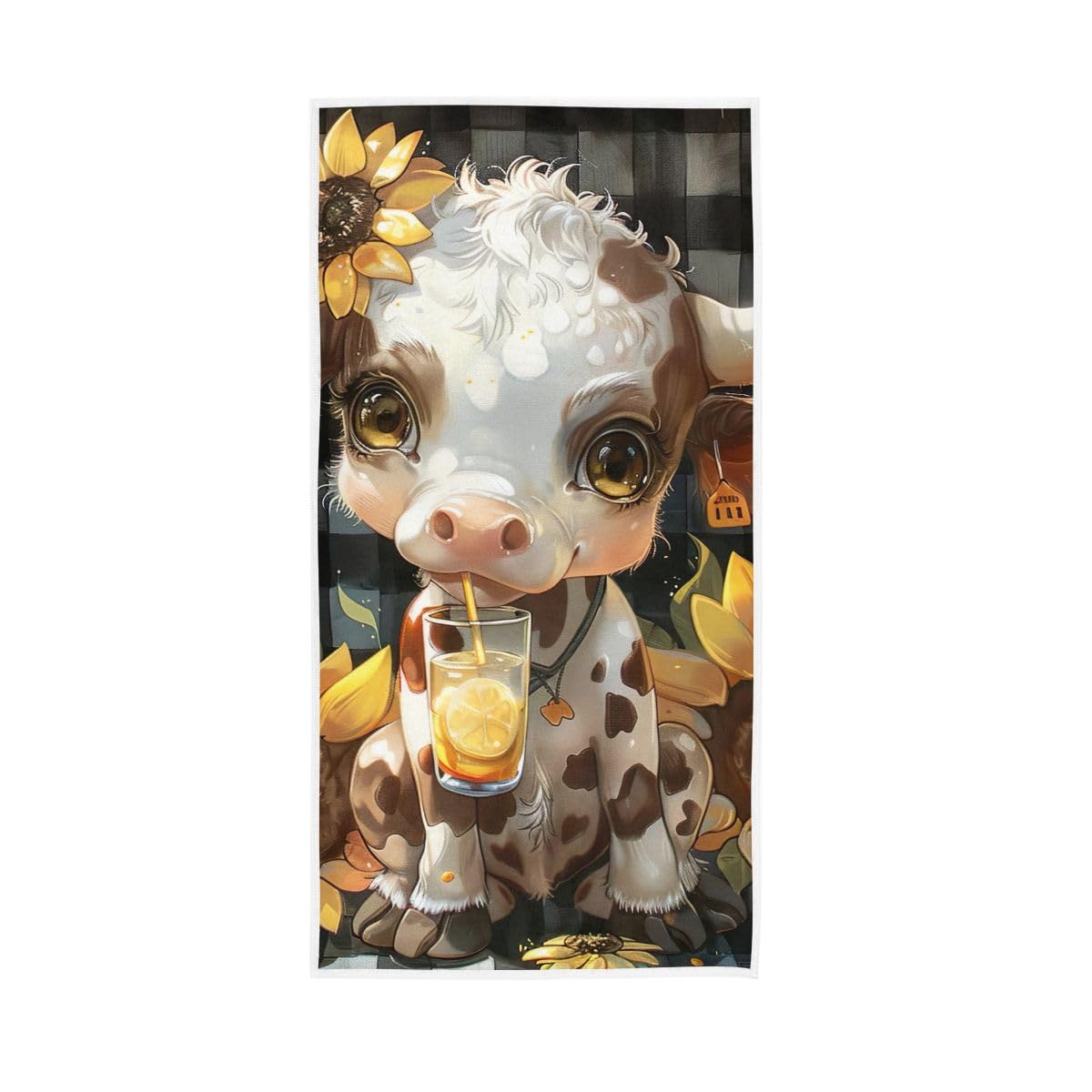 LSRCPD Cute Cow Sunflowers Plaid Hand Towels, Bathroom Towel for Bathroom, Gym, Hotel, Spa 15 x 30 Inches