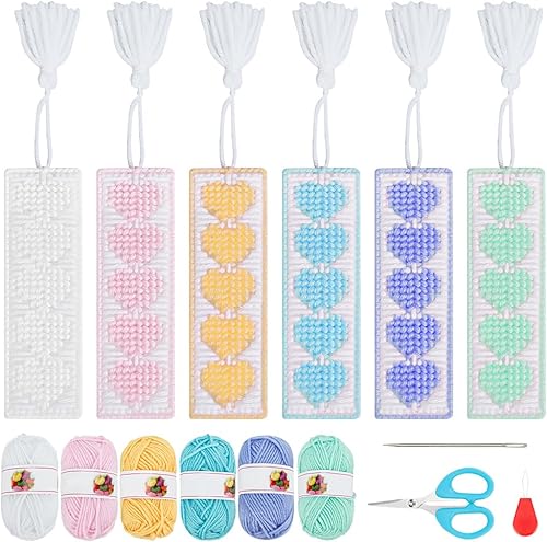 FREEBLOSS Juego de 12 marcapáginas de 6 colores de hilo de plástico de lona con patrón de corazón, kit de punto de cruz con instrucciones (idioma