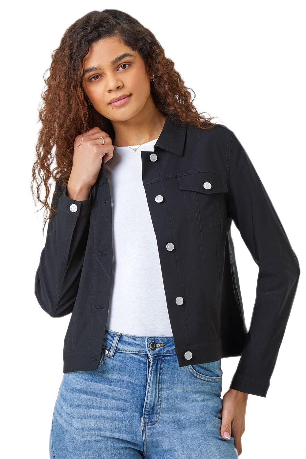 Roman Originals Stretch Jacket for Women UK - Ladies Denim Jean Summer Coat Bengaline Casual Smart Utility Trucker Biker Fitted Classic Work Spring Soft Vintage - Black - Size 10