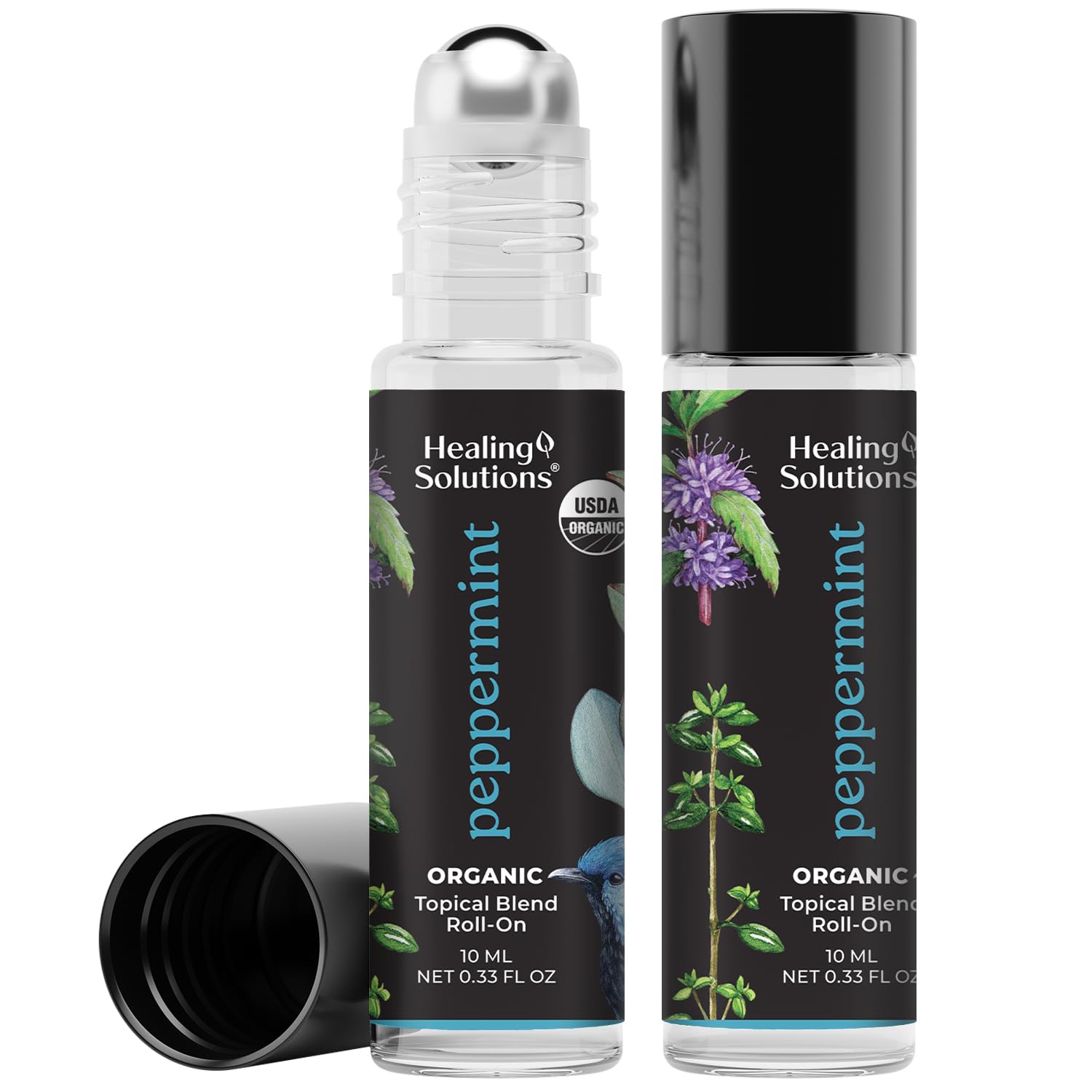 Healing Solutions (2 Pack) USDA Certified Organic Peppermint Essential Oil Roll-On Set for Body & Skin Care - Peppermint Essential Oil Roller