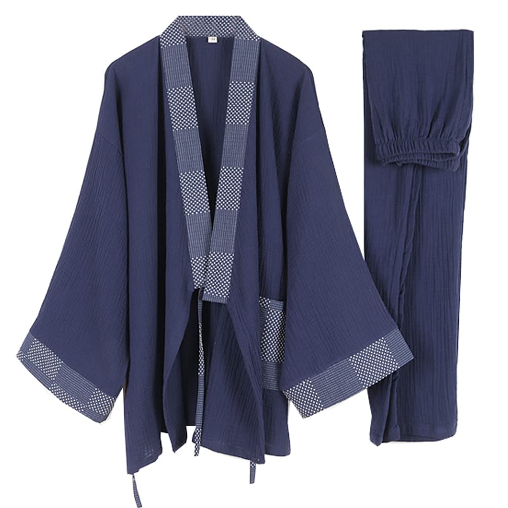 un-brand Men's Japanese Kimono Double Gauze Cotton Pajamas Suit Plus Size Zen Clothing Taoist Clothing (Size L, A3)