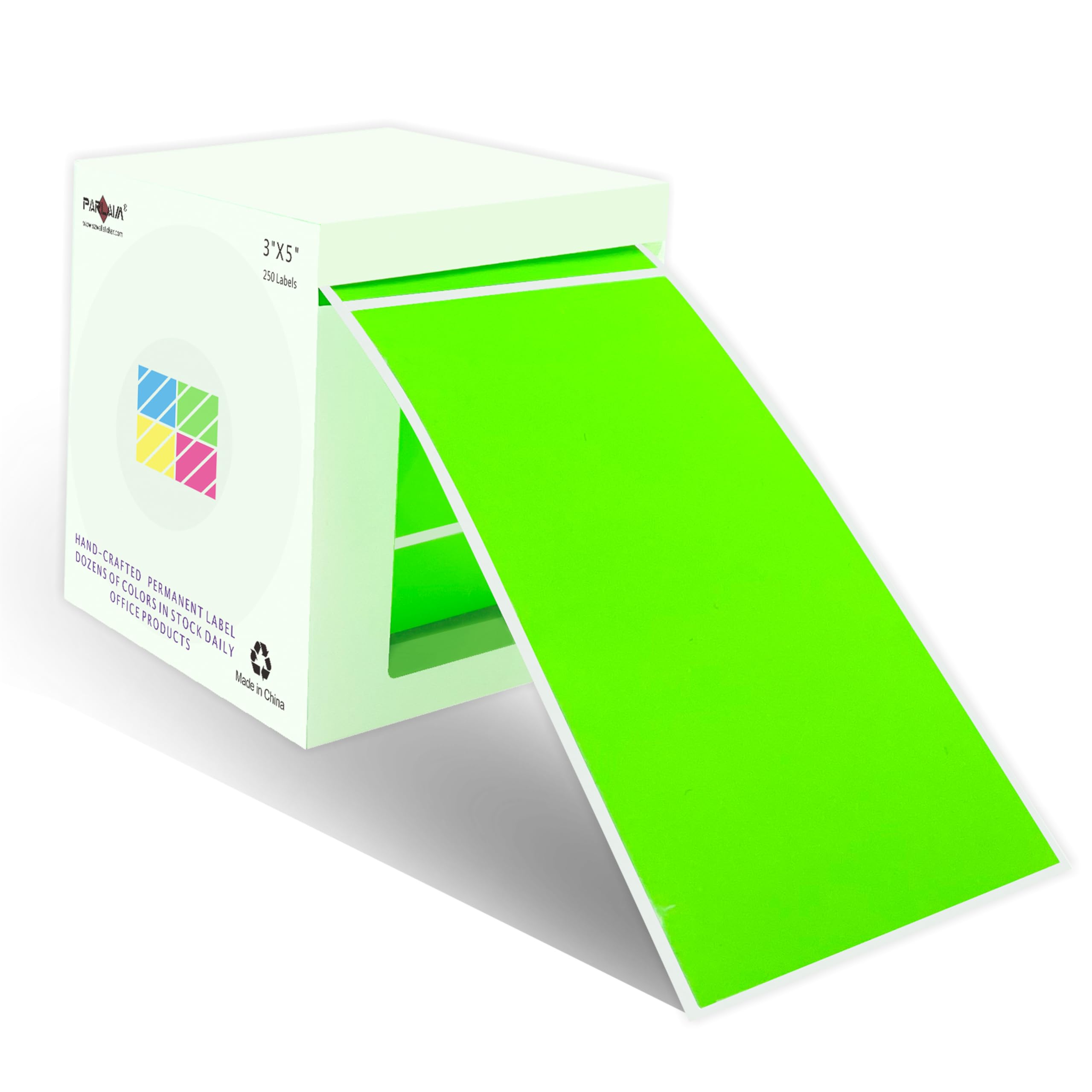 PARLAIM 7 x 13 cm prostokątne samoprzylepne naklejki do oznaczania kolorami, kwadratowe naklejki magazynowe – 250 sztuk na pudełko dozownika (fluorescencyjny zielony)