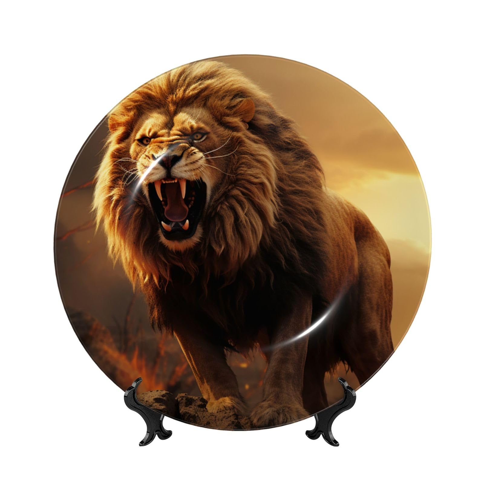 Assiette en porcelaine lion rugissant cadeau idéal avec son support