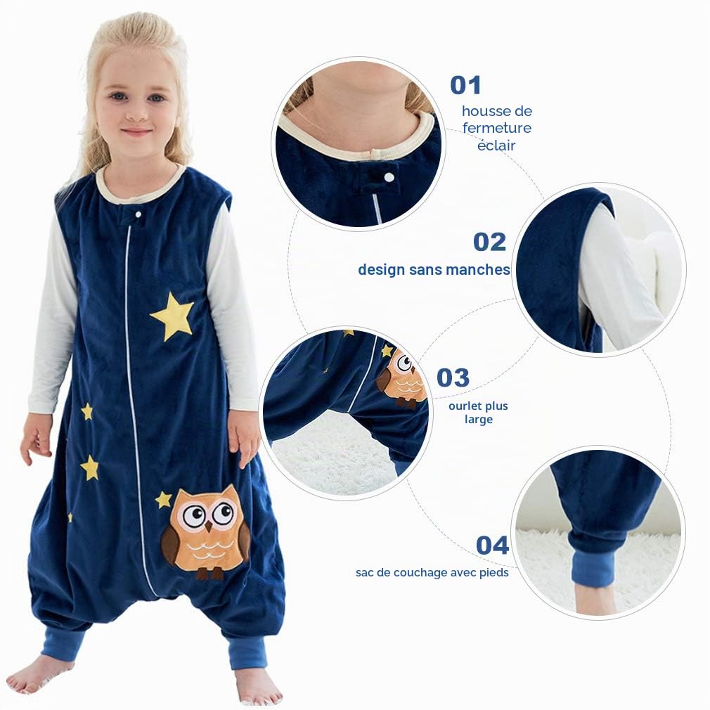 Gigoteuses Bébé Fille Garçon avec des Pieds Hiver Automne Pyjama, Bleu Foncé, 1-3 Ans,Small | Fermeture éclair durable, facile à changer, imprimé animal de dessin animé