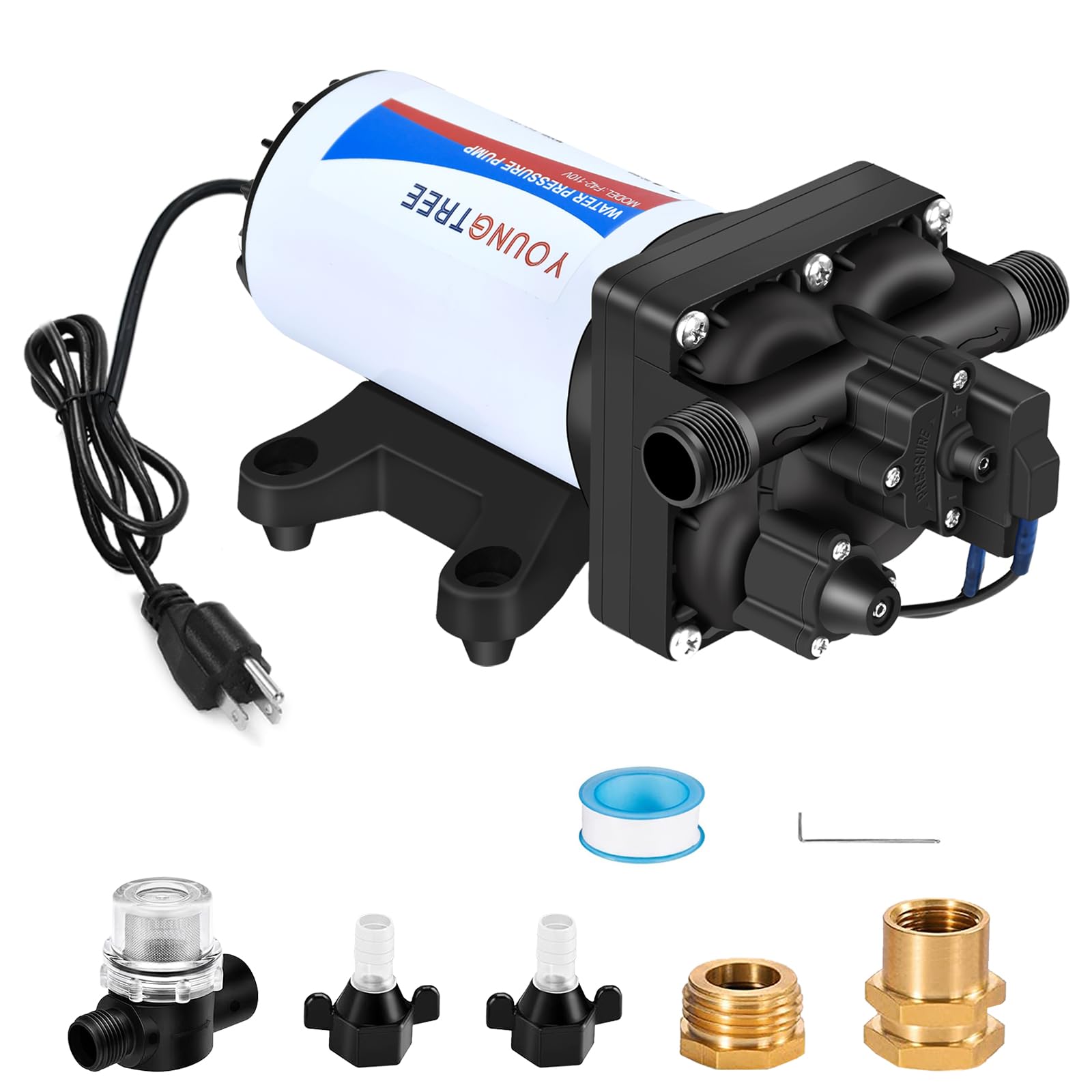 YOUNGTREE 110V AC Fresh Water Pressure Transfer Pump 5.5GPM 70PSI 110Volt On Demand Self-priming Diaphragm Water Pump with Pressure Switch for RV Garden Irrigation Home Car Washing Rain Barrel