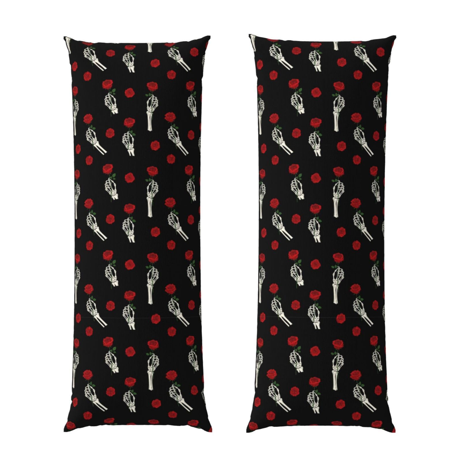 Body Pillow Case 20x54, Goth Skull Love Skeleton Hand Holding Red Rose Black, Zippered Soft Pillow Cover, Plush Flannel Fabric, Comfortable Cushion Protector for Bedroom Living Room Couch