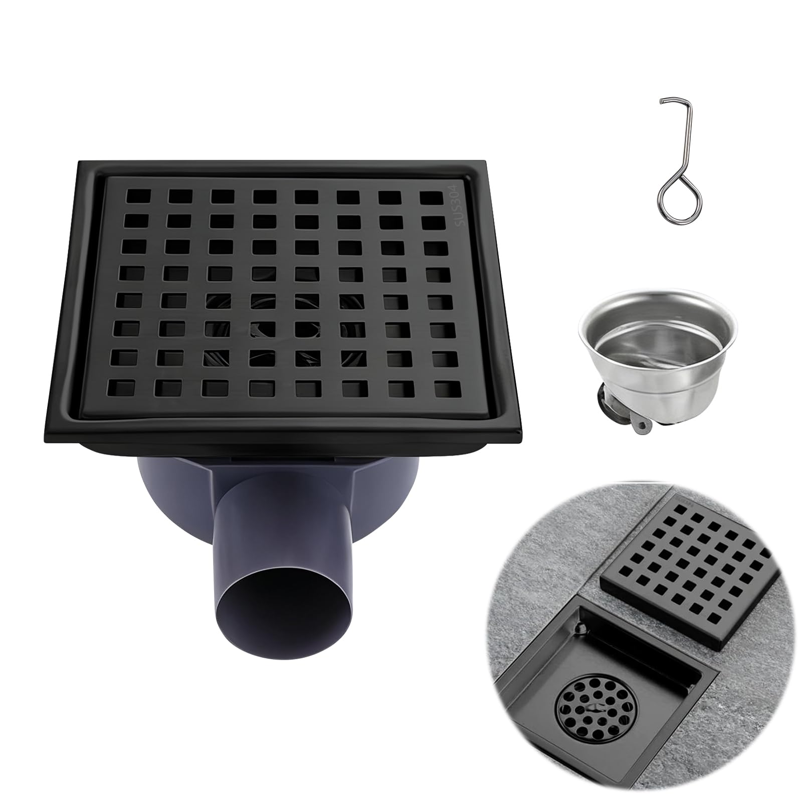 Aartner Shower Drain Square Stainless Steel Floor Drain 15 x 15 cm Floor Drain Shower Black Hair Filter 2-in-1 Tileable Drain Channel with 360° Siphon Odour Trap for Bathrooms Cellars