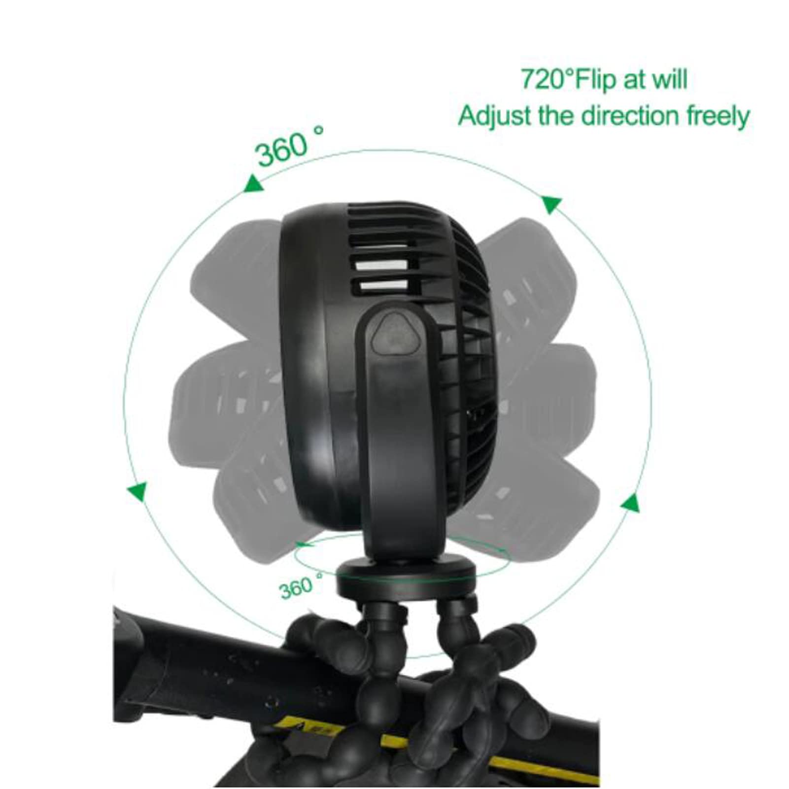 Ventilateur de poussette, ventilateur portable à 3 vitesses avec trépied flexible, double ventilateur USB rotatif à 360°