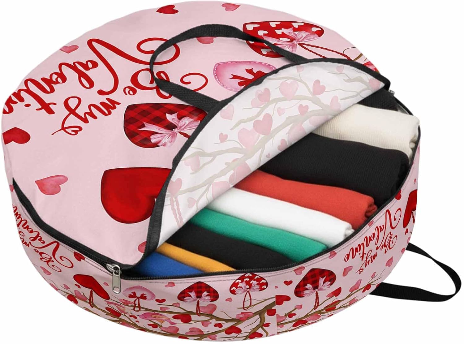 Valentine's Day Round Storage Bag 36 Inch, Be My Valentine Pink Birds on Love Heart Branch Clothes Storage Container with Handles Heavy Duty Organizer for Comforter, Bedding & Holiday Wreaths