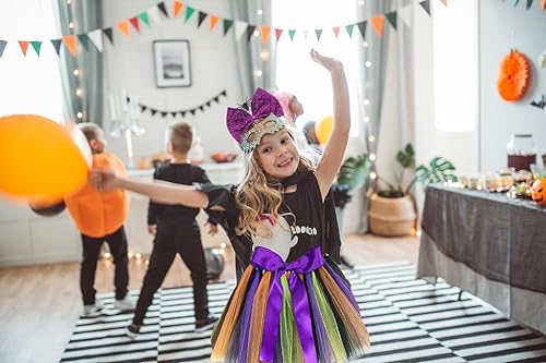 Miniatura 7 de Threetols Halloween Witch Costumes Accessories for Girls, Rainbow Tutu Skirt Cosplay Costumes Skirt with Purple Spider Sequin Bow Headbands for