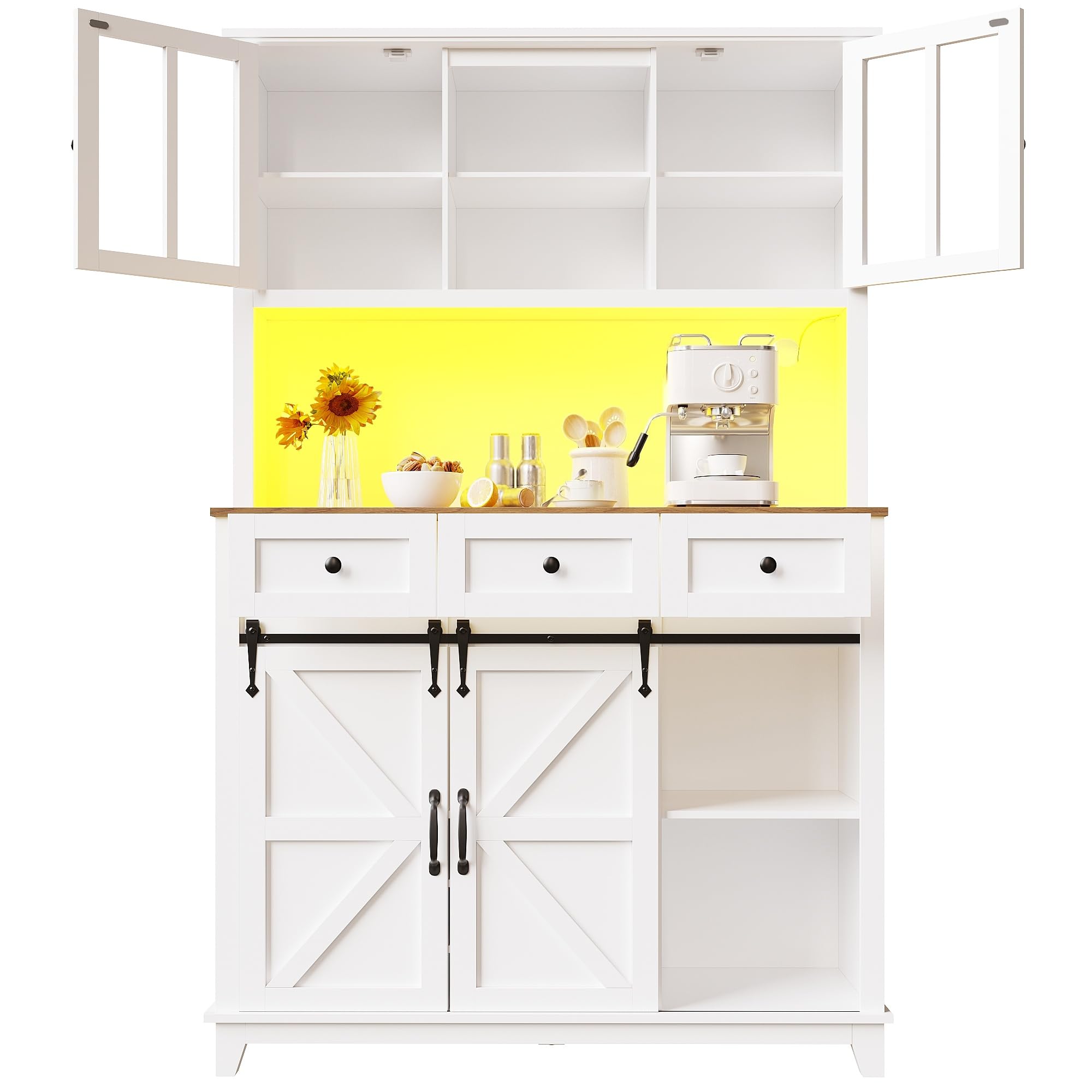 Küchenschrank mit Verstellbaren Ablagen und LED-Beleuchtung, Buffetschrank Hochschrank mit Weinregal und 3 Schubladen, Küchenschränke mit Arbeitsplatte, Küchenmöbel, Weiß, 105×38.4×180 cm