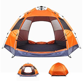 Hikeman Family Camping Tent for 4-5 People Double Layer Large Tent for Camping Two Doors Four Windows Portable Tent,Automatic Waterproof Windproof Tent for Camping Hiking Mountaineering (Orange)