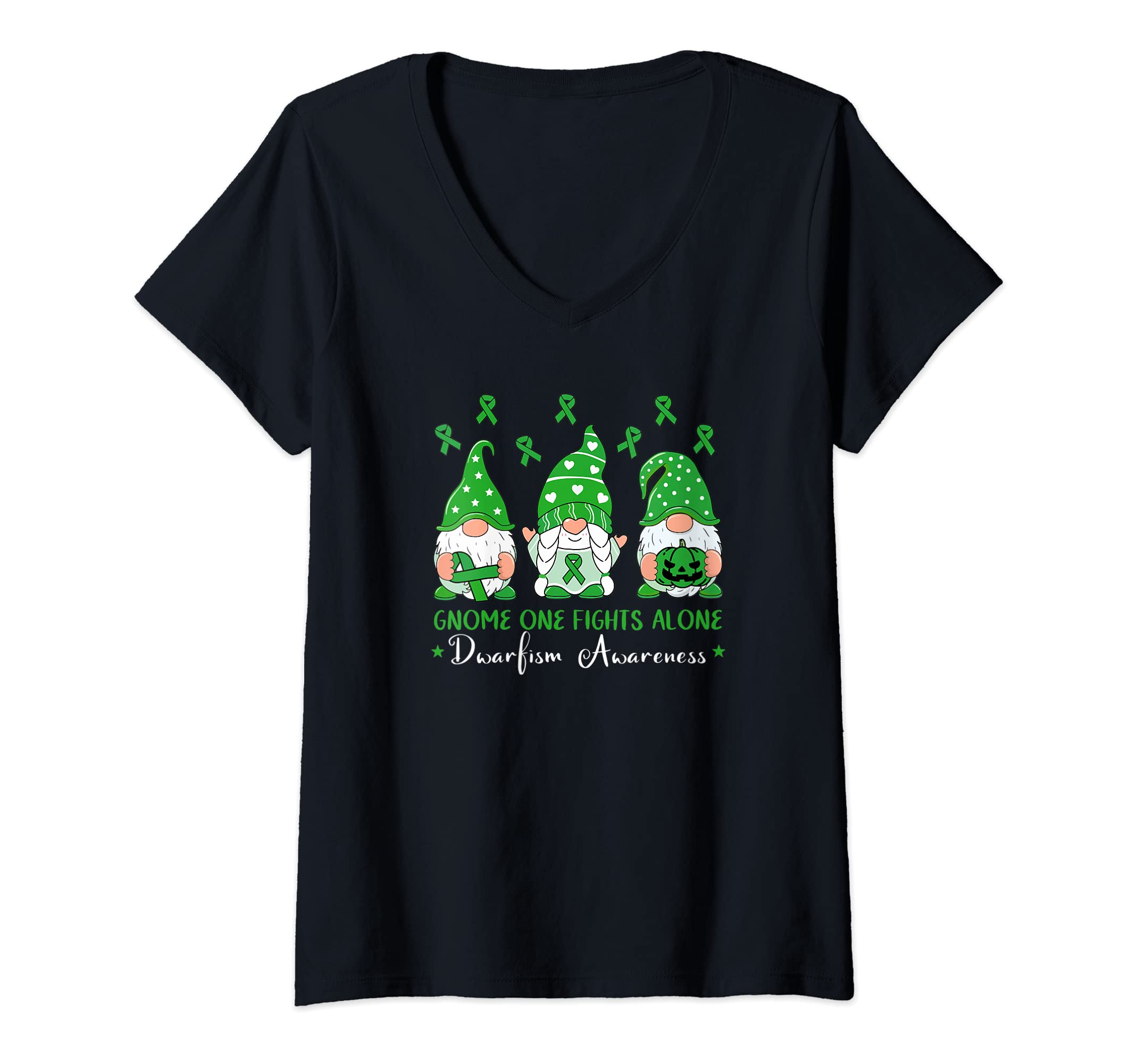 Dwarfism Awareness Gnome One Fights Alone DNGWomens Dwarfism Awareness Gifts Gnome One Fights Alone Green Ribbon V-Neck T-Shirt