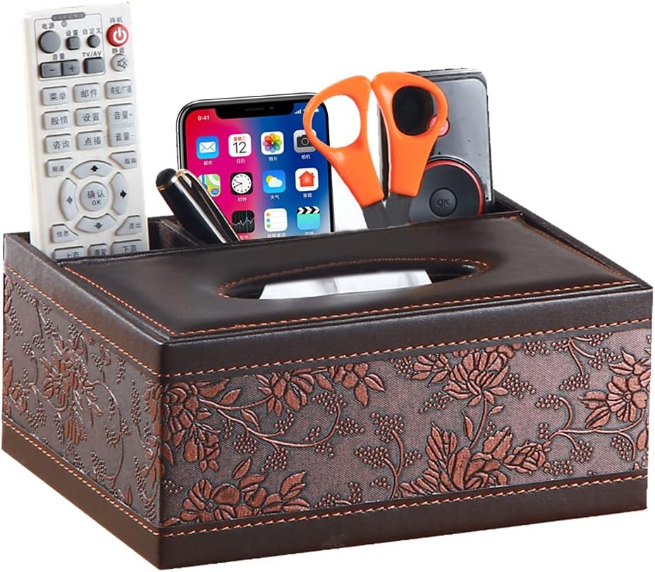 Leather Tissue Box Cover Rectangular and Multifunction Remote Control Caddy,Suit…