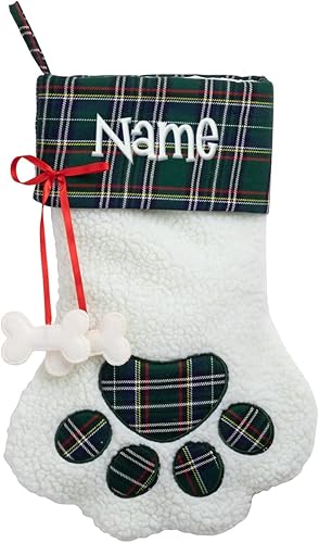Miniatura 3 de Personalized Planet Calcetín de Navidad con diseño de pata de perro con nombre de mascota personalizado, sherpa sintético blanco con puño a cuadros