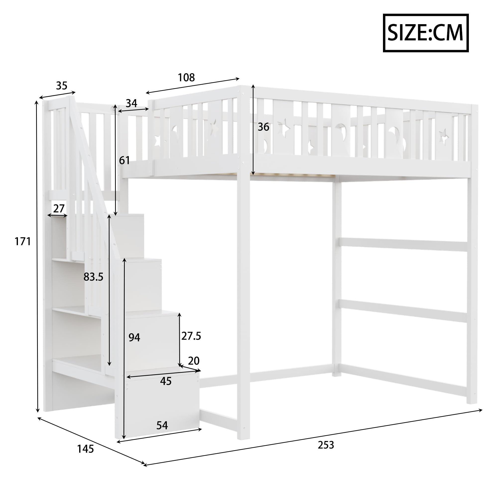 Etagenbett 140x200 cm, Kinderbett mit Treppe | Ohne Matratze, Holzbett mit Stern- und Monddekoration, Bett für Kinder Jugendliche Massivholz Weiß
