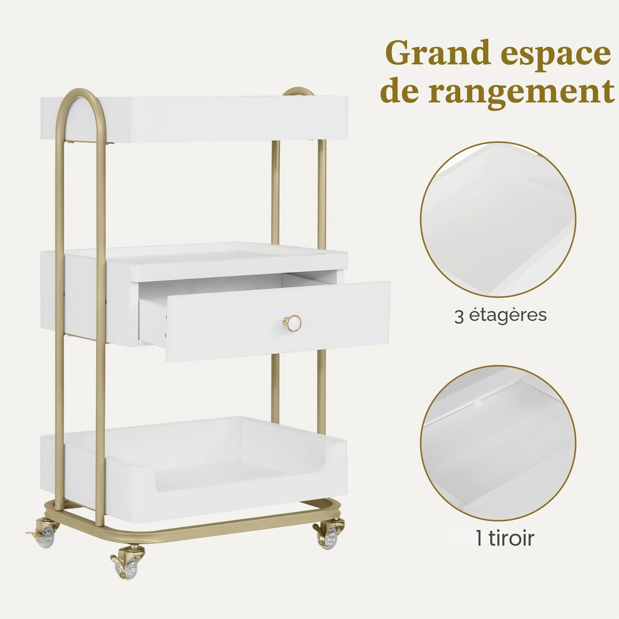 Barberpub Servante à roulettes & tiroir, Coiffeur Blanc-doré, Salon avec 3 étagères, servante Moderne pour Salle de Bain Salon, 37x51x87cm, 0093