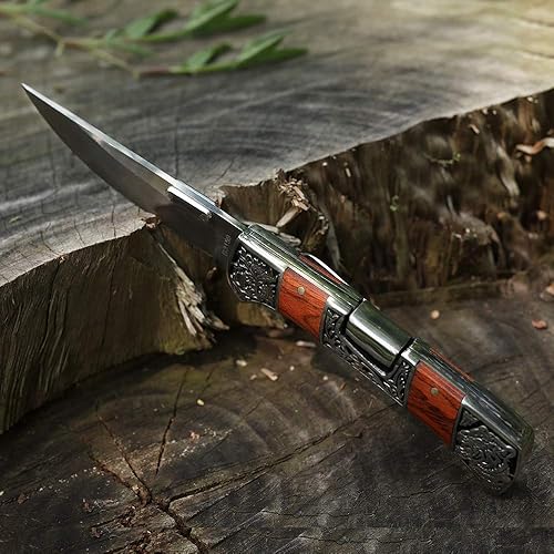 Miniatura 4 de FU-GLBY Cuchillo de bolsillo plegable clásico con clipCollection grabado, cuchillo de supervivencia táctico elegante EDC para hombres (madera roja)