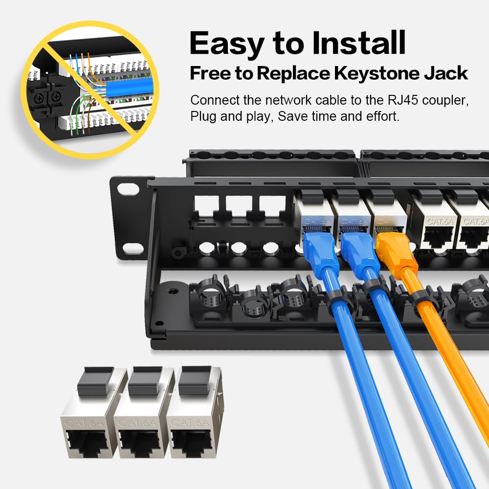 Panneau de brassage 24 ports CAT6A Keystone blindé avec gestion intelligente des câbles pour montage en rack de 48,3 cm