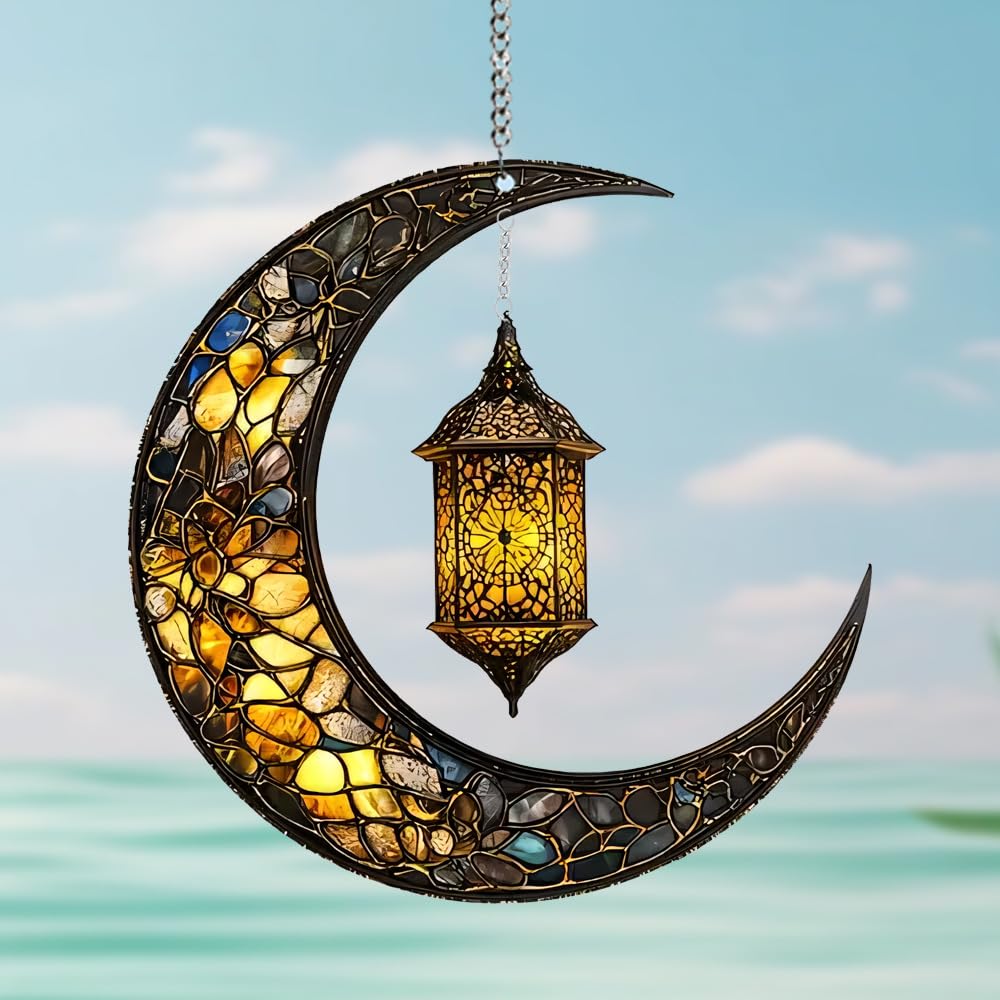 Vintage Moon Beacon Stained Window Hanging Ornament, Moon Shape Stained Acrylic Double-Sided Printed Window Panel, Great Gift for Mom Grandma Astronomy Lover for Birthday Mother's Day or Housewarming