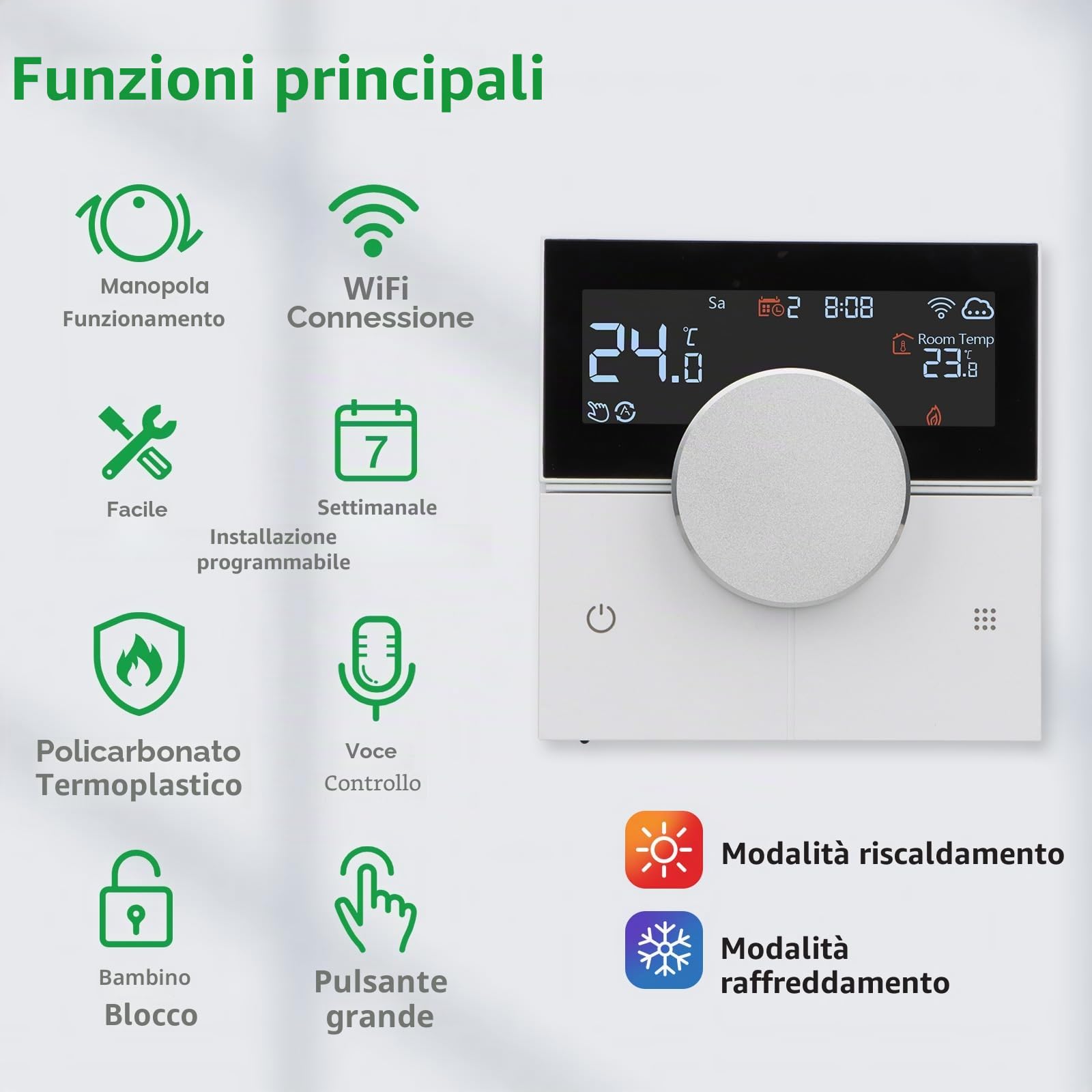 Wengart Smart Termostato per Stanza WG12, AC230V 3A 2.4GHz Funziona per Riscaldamento a Pavimento ad Acqua, Termostato Compatibile con Alexa e Google Home, Ruota per Impostare la Temperatura, Modalità