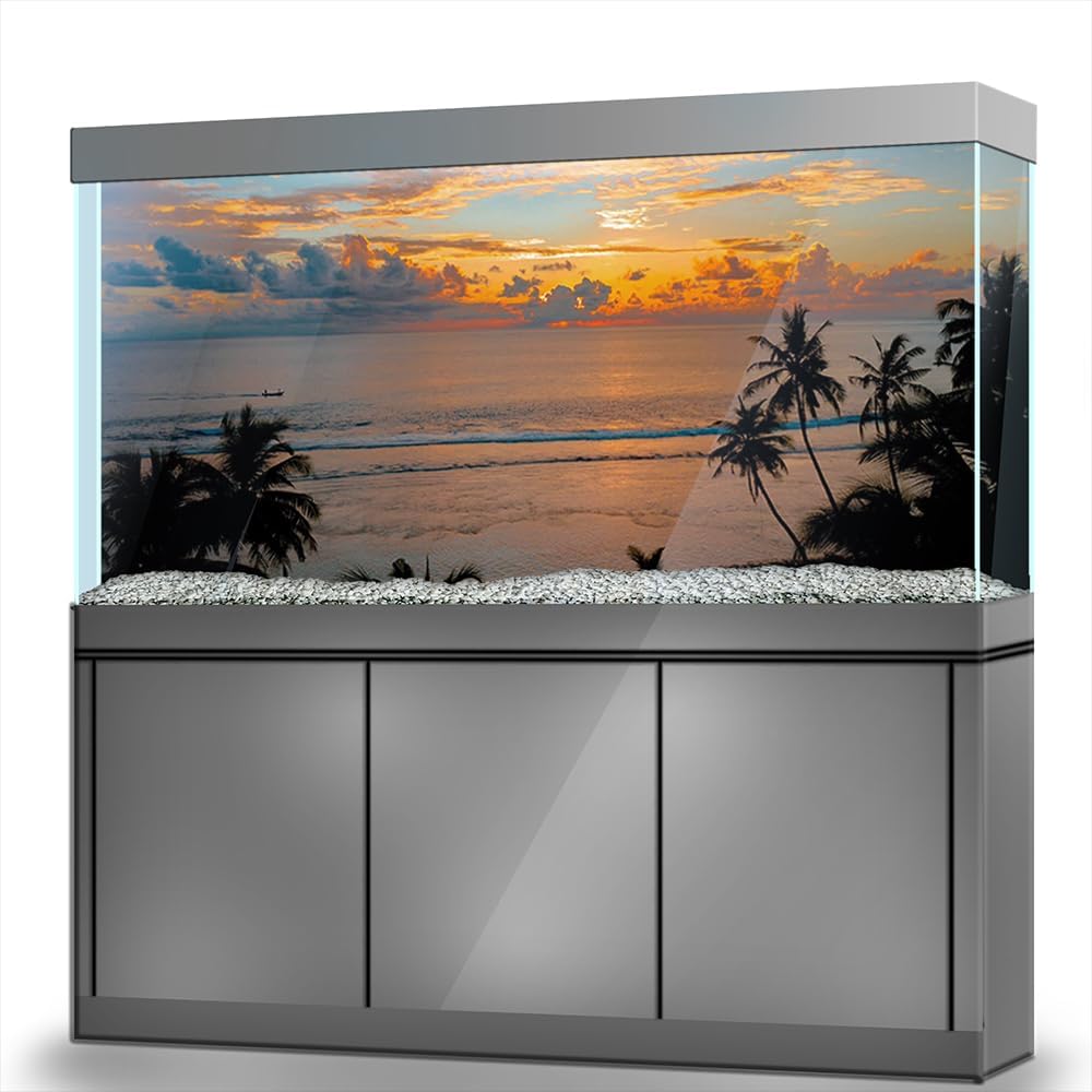 Aquarium Background Stickers - Sunset, Ocean, Palm, Self-Adhesive Fish Tank Reptile Terrarium Decor Poster (120 x 60 cm / (47.2 x 23.6 inches))