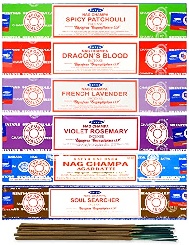 Satya Organic Incense Sticks- Gift Set of 6 Packs - Nag Champa, Spicy Patchouli, French Lavender, Violet Rosemary, Dragon Blood, Soul Searcher,15 Grams x 6 Pack