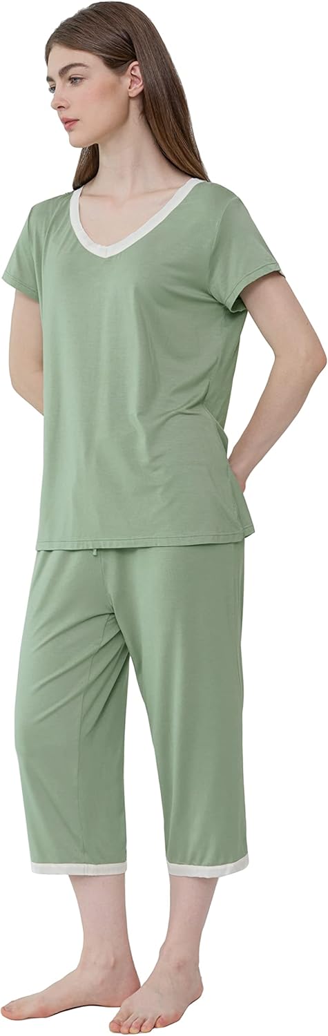 Joyaria Womens Pajama Sets Short Sleeve and Capri Pants Soft Bamboo Viscose 2 Pieces Sleepwear Lounge Set - Image 5