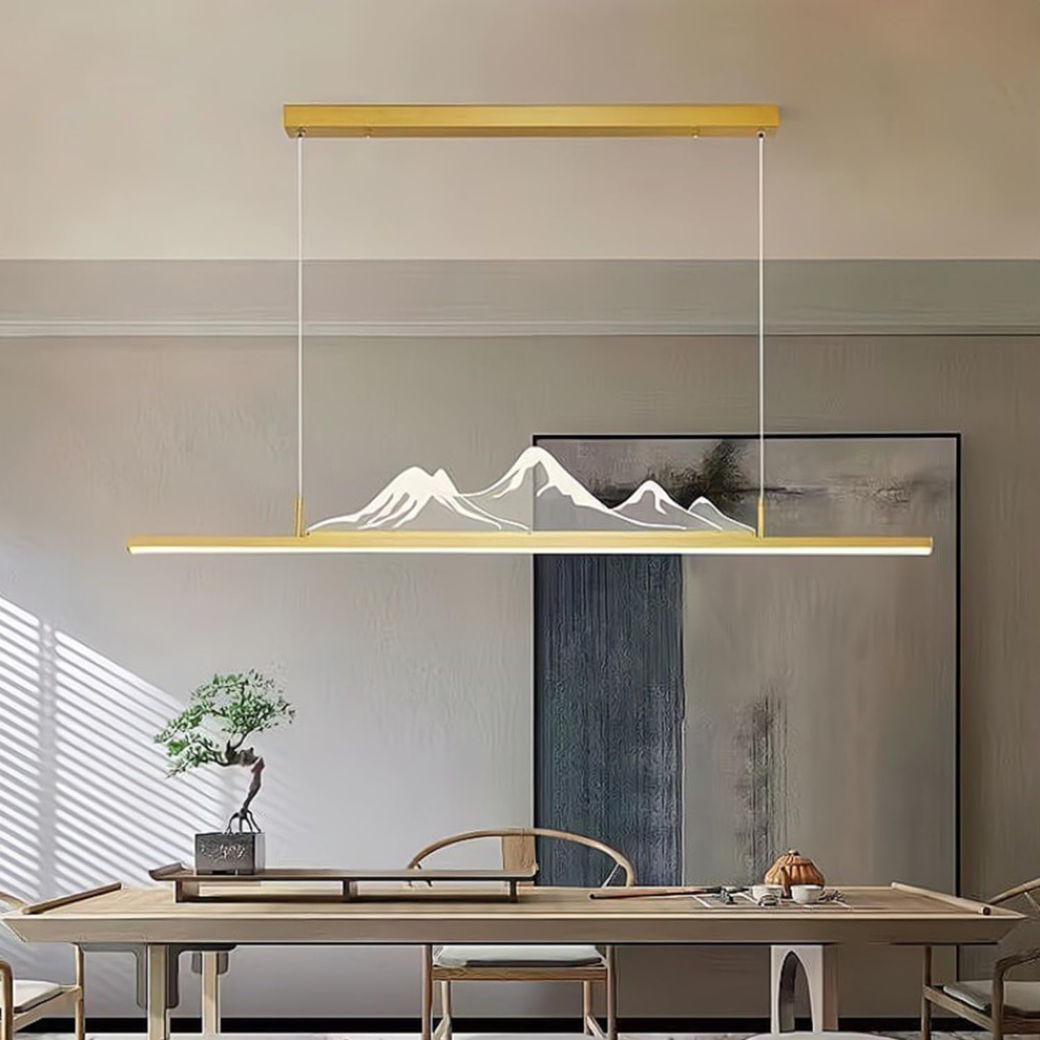 Aleaty Dimmable LED Pendant Light Modern Dining Table Hanging Lamp Chinese Style Dining Table Pendant Light with Remote Control Tea Room Ceiling Light for Living Room (Gold, L100cm)