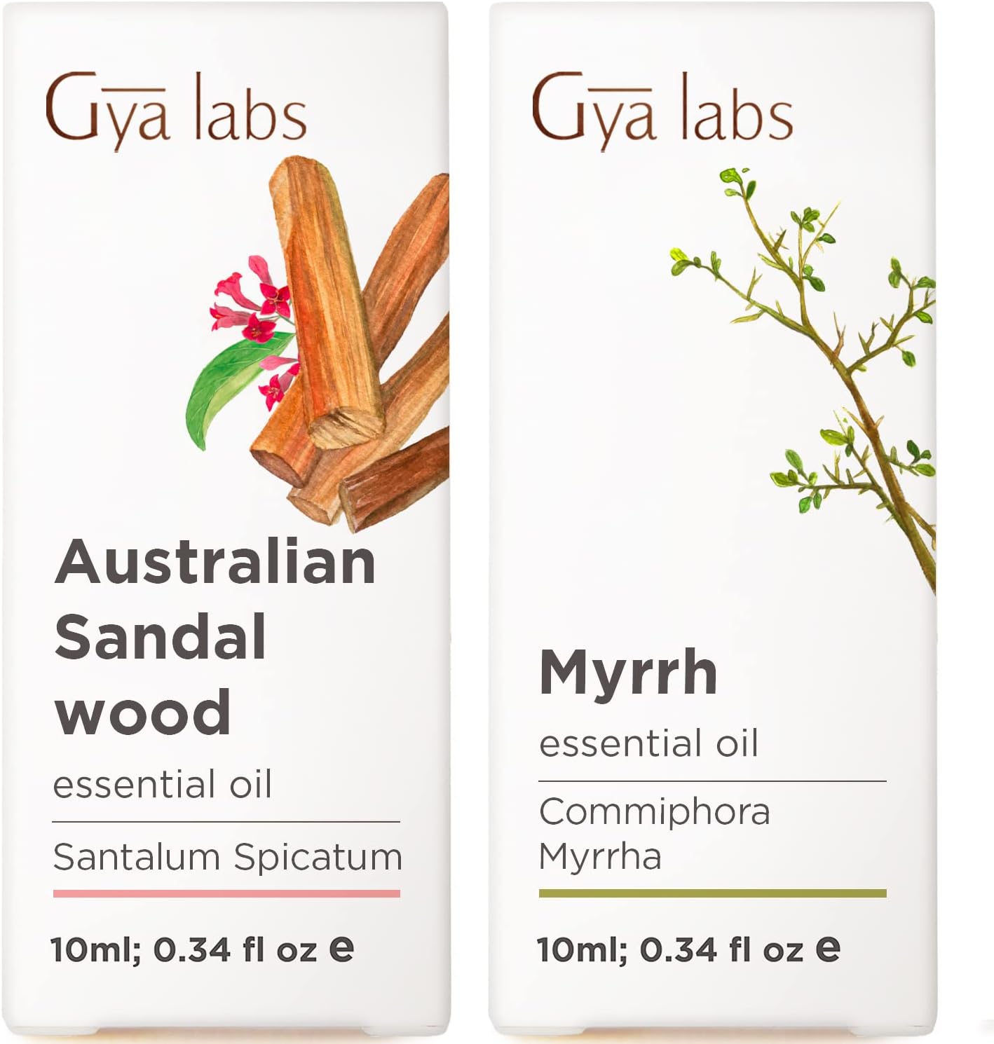 Australian Sandalwood Essential Oils for Diffuser & Myrrh Oil for Skin Set - Aromatherapy Grade Essential Oils Set - 2x0.34 fl oz - Gya Labs