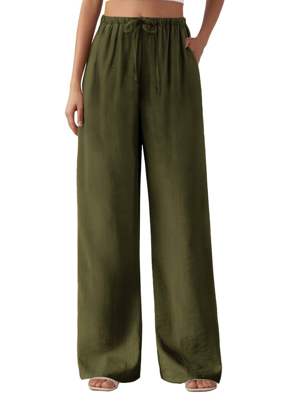 Feiersi Womens Casual Pants Drawstring Elastic Waist Pants Flowy Wide Leg Beach Trousers with Pockets