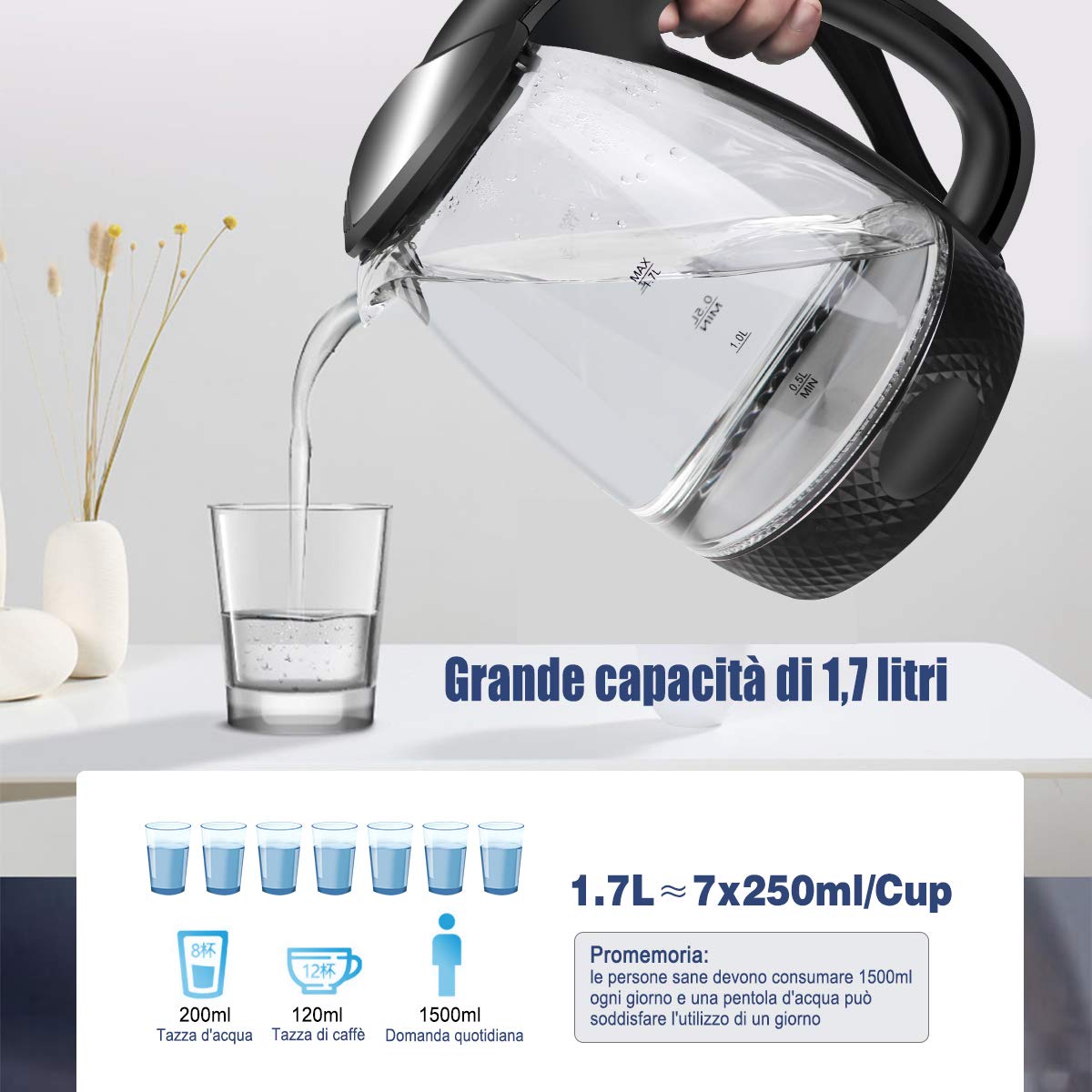 EXTRASTAR 2200 W Hervidor eléctrico de cristal 1,7 L, con iluminación LED. Filtro de agua incluido. Sin BPA®. Función de mantenimiento en caliente