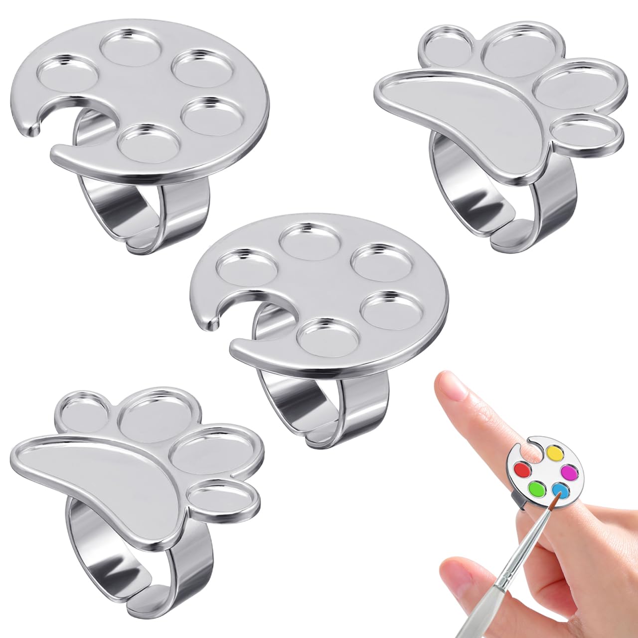 HEALLILY 4pcs Nail Art Palette Stainless Steel Makeup Mixing Palette Ring Mini Manicure Palette Wearable Metal Nail Art Polish Holder Paint Palette Finger Rings Nail Art Tools-image-12