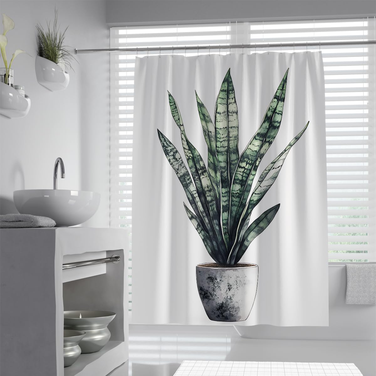 UIRINGART Potted Sansevieria Snake Plant Greenery Shower Curtain W200xL240cm Modern Striped Tropical Leaf Stone Pot Fabric Water Repellent Anti Mould Bathroom Curtain For Tub