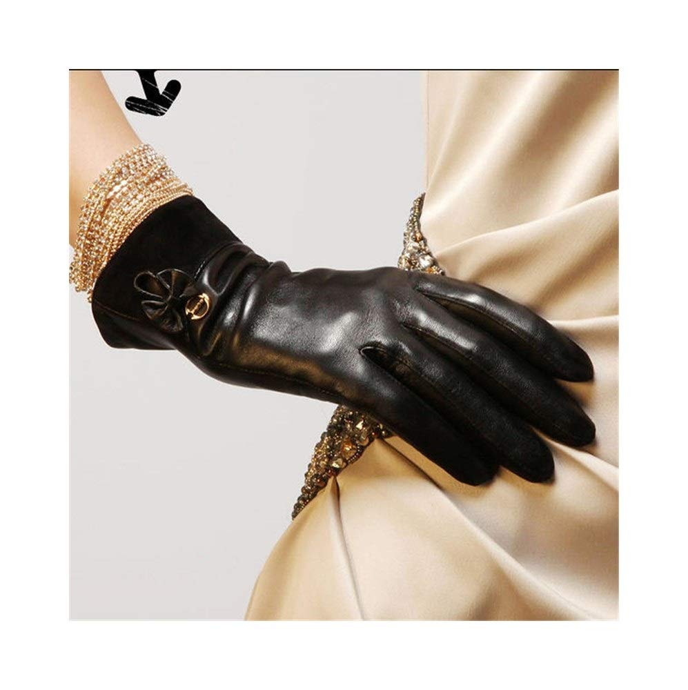 ZD-DZ Warm Gloves Women's Gloves Touch Screen Warm Soft Bow Fashion Leather Gloves (Color : Black-Touch screen, Size : S)