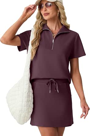 GRECERELLE Women's Summer 2 Piece Skort Set with Half Zip Top and Tennis Skirt