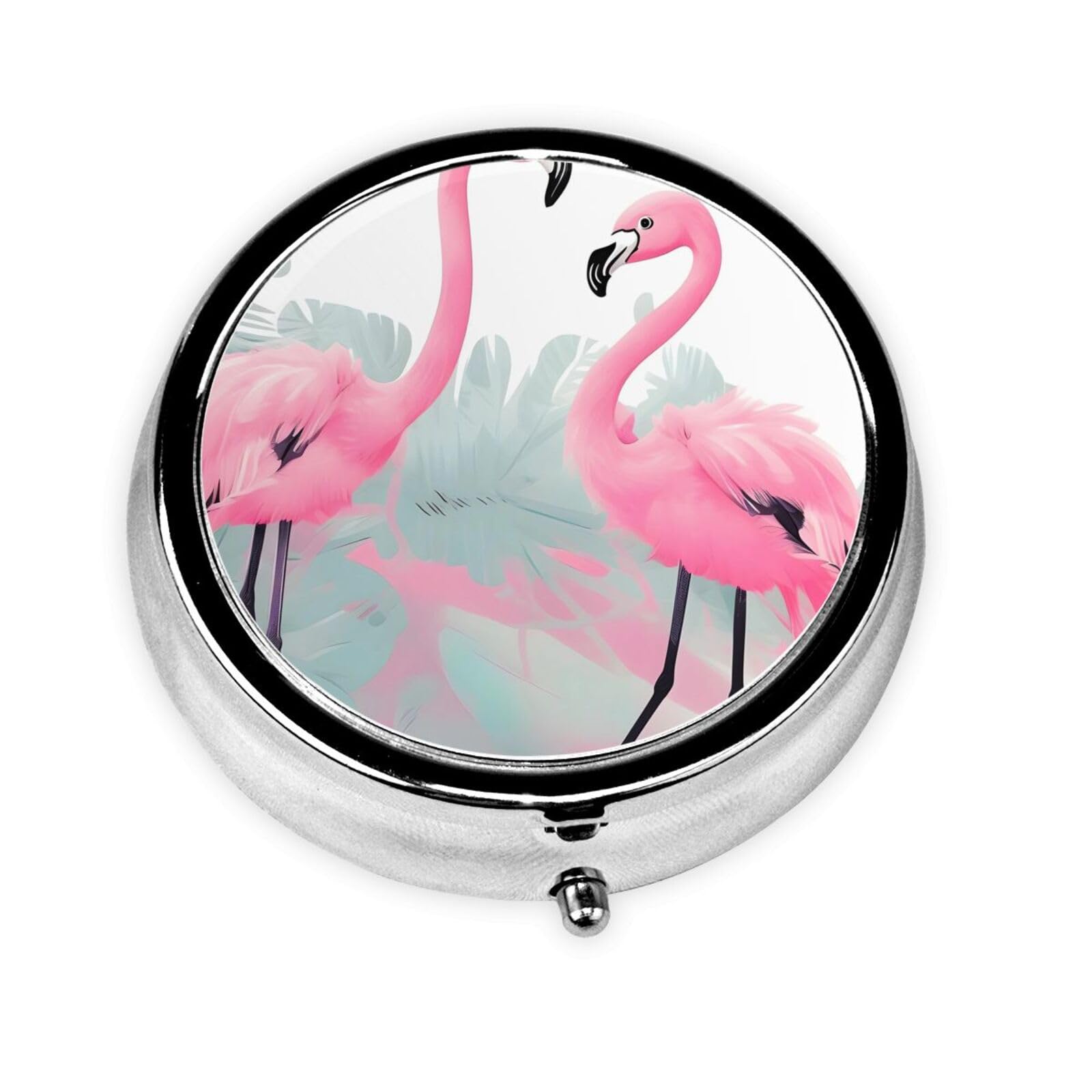 Cute 3-Compartments Round Pill Box Pink Flamingo Small Pill Case Portable Medicine Dispenser,for Pocket Purse