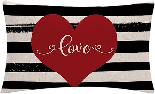 7COLORROOM Fundas de almohada para el día de San Valentín decoración de San Valentín diseño de rayas rojas y negras diseño de corazón rectangular