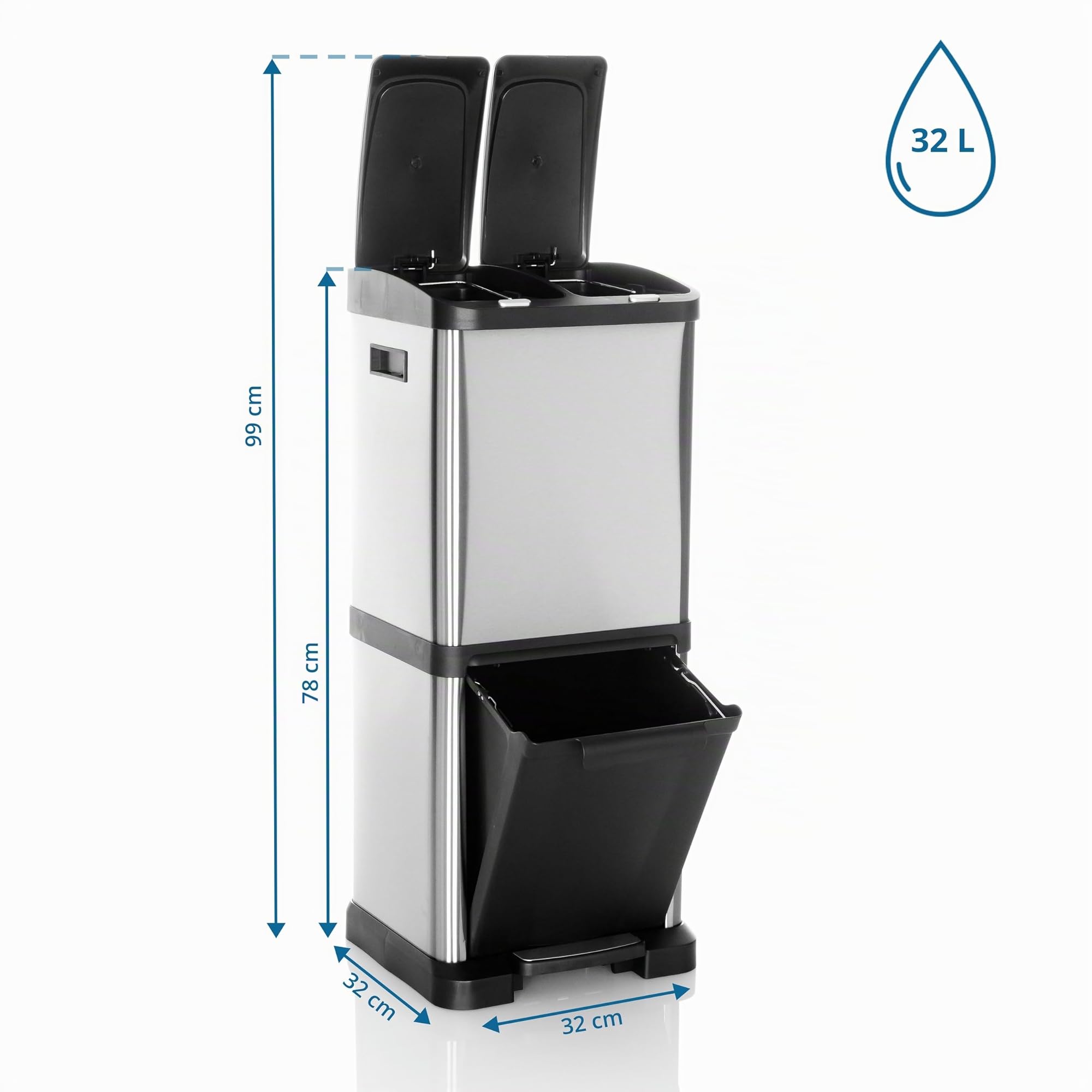 hjh OFFICE Cubo de basura CLEAN VII de acero, sistema de separación de residuos con 3 compartimentos (2 x 8L + 1 x 16L), uso universal, plata, 741100