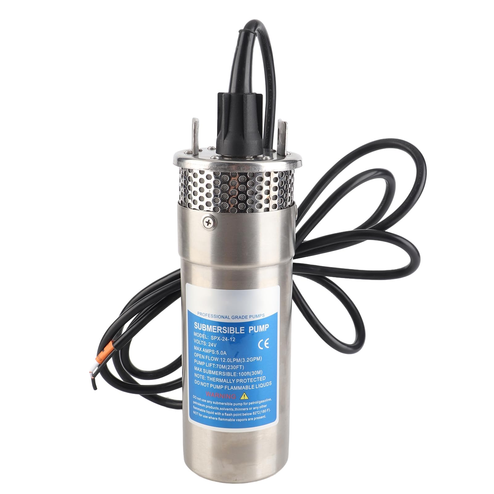 Wakects Bomba de Agua de Pozo Sumergible de 24 V, Bomba de Agua Solar de Acero Inoxidable 5 A 12 LPM 70 M de Cabeza Protección contra Funcionamiento en Seco para Estanque de Riego de Pozos Profundos