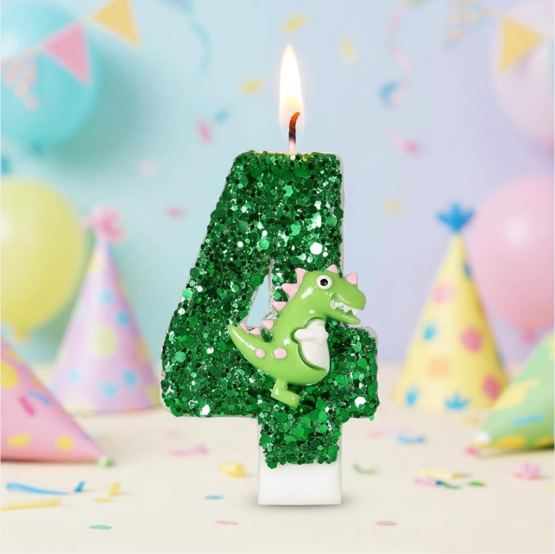 Dinosaur Candle with Number 4 - Glitter Birthday Candles for Kids Party, Long Burning Safe Wax Candles for Dinosaur Theme Decorations (Green)
