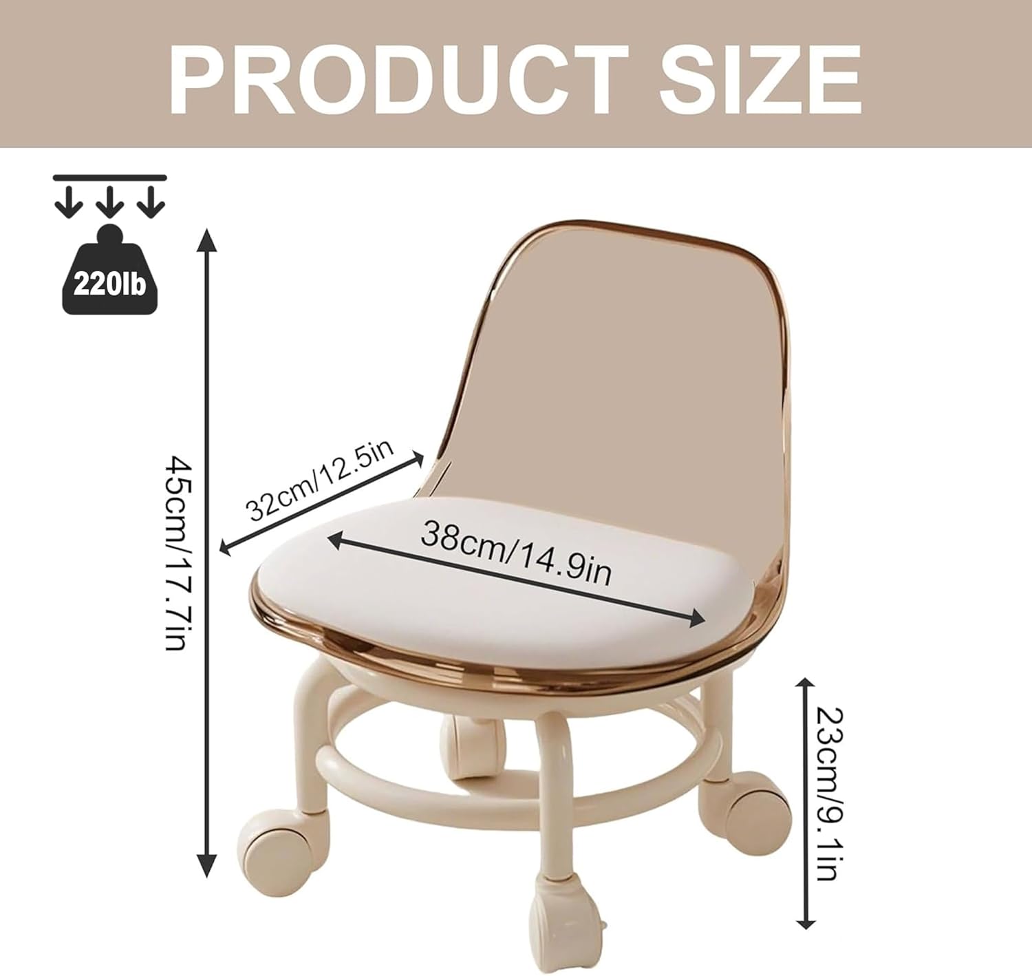 Acrylic Pulley Chair, Low Stool with Backrest Pulley, Ergonomic Low Rolling Stool for Home Cleaning, Office Step Stools, Laundry, Office, Garage, Spa, Shop, Salon (Clear)