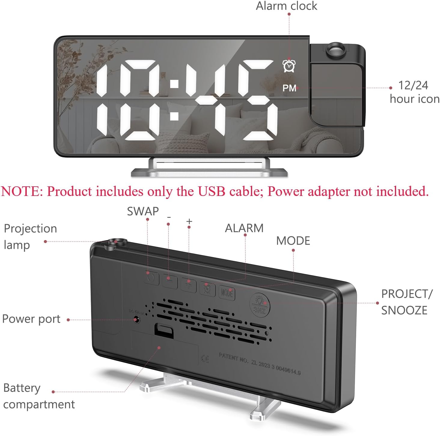 LOFICOPER Digital Projection Alarm Clock for Bedroom, 180° Rotatable Projector, 7.9'' Large LED Display with Temperature, Snooze, Adjustable Brightness, USB Cable, Nightstand Clock for Home Office