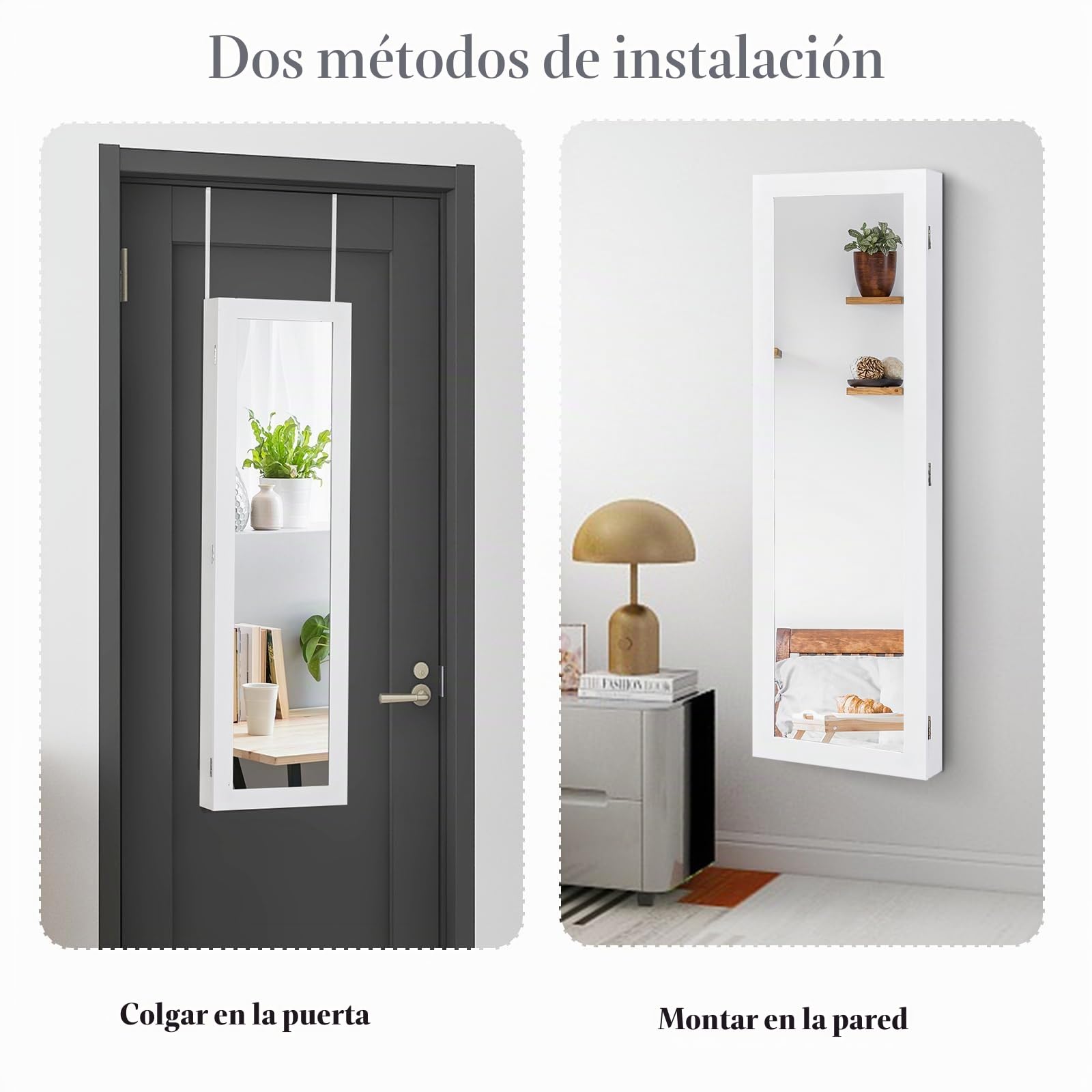 HOMASIS Espejo Joyero de Pared o Puerta Gabinete de Joyería con Espejo de Figura Completa Espejo Joyero con 2 Espejos para Maquillaje, Organizador de Joyería, Blanco,TF10821GRDE-HS