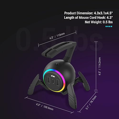 Miniatura 6 de KIWIFOTOS Mouse Bungee - Controlador de cable de mouse para juegos RGB, gestión de cables flexible mejorada, luces LED RGB inteligentes, 2 puertos
